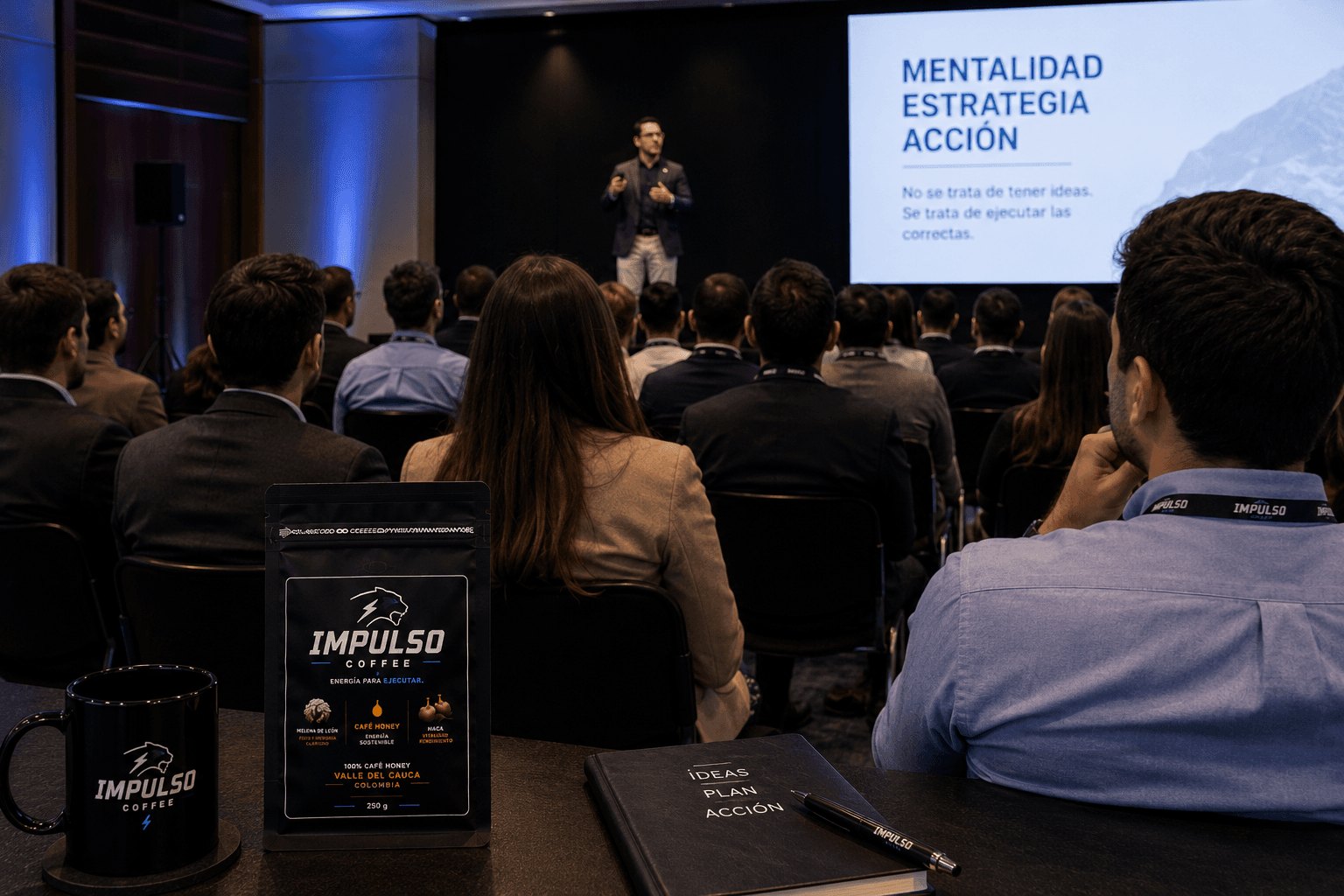 Audiencia escuchando una conferencia con Impulso Coffee
