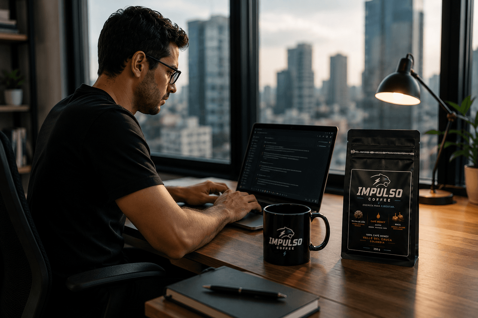 Persona trabajando en el computador con Impulso Coffee